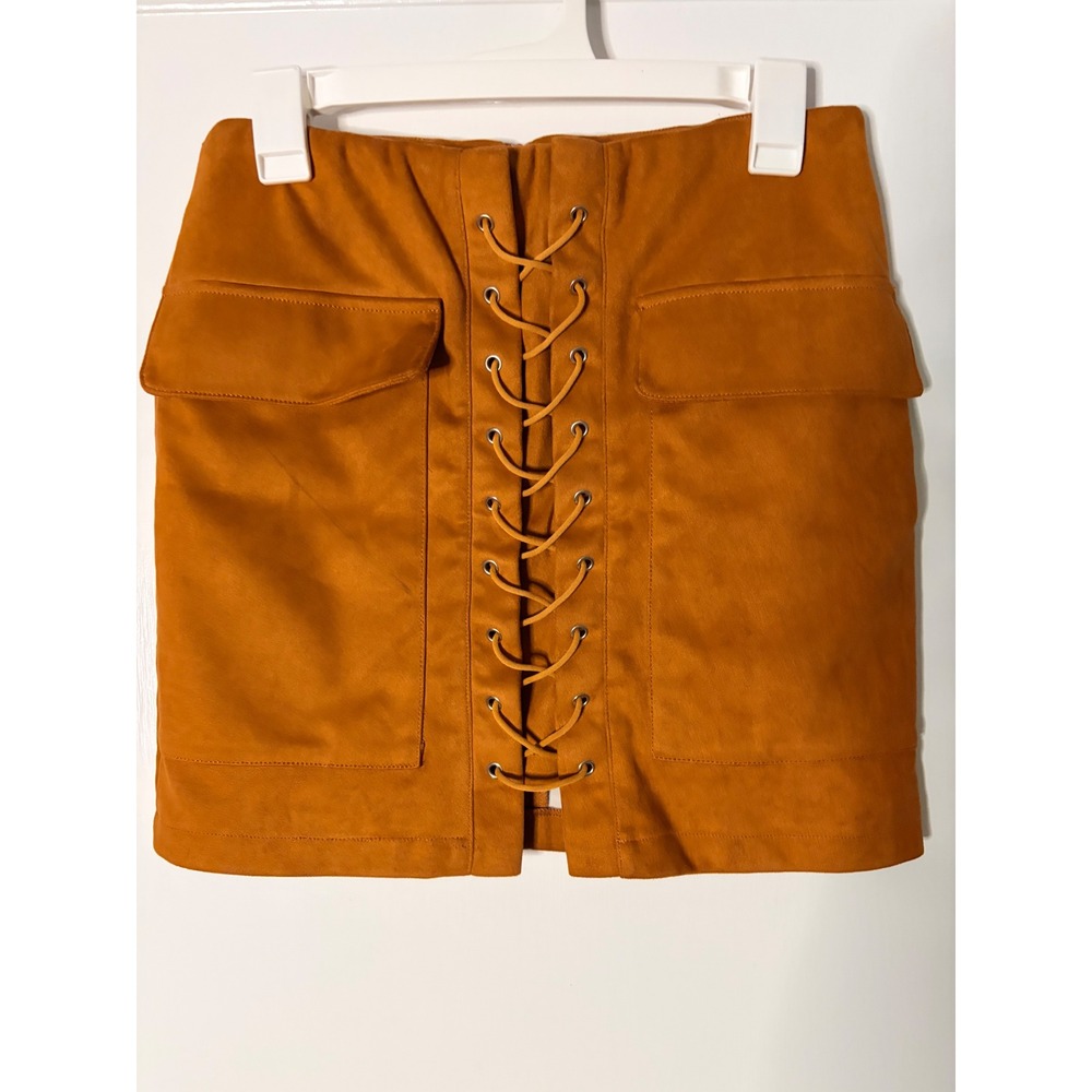 Haute Rogue Rust Orange Faux Suede Lace Up Mini Skirt with Pockets Large